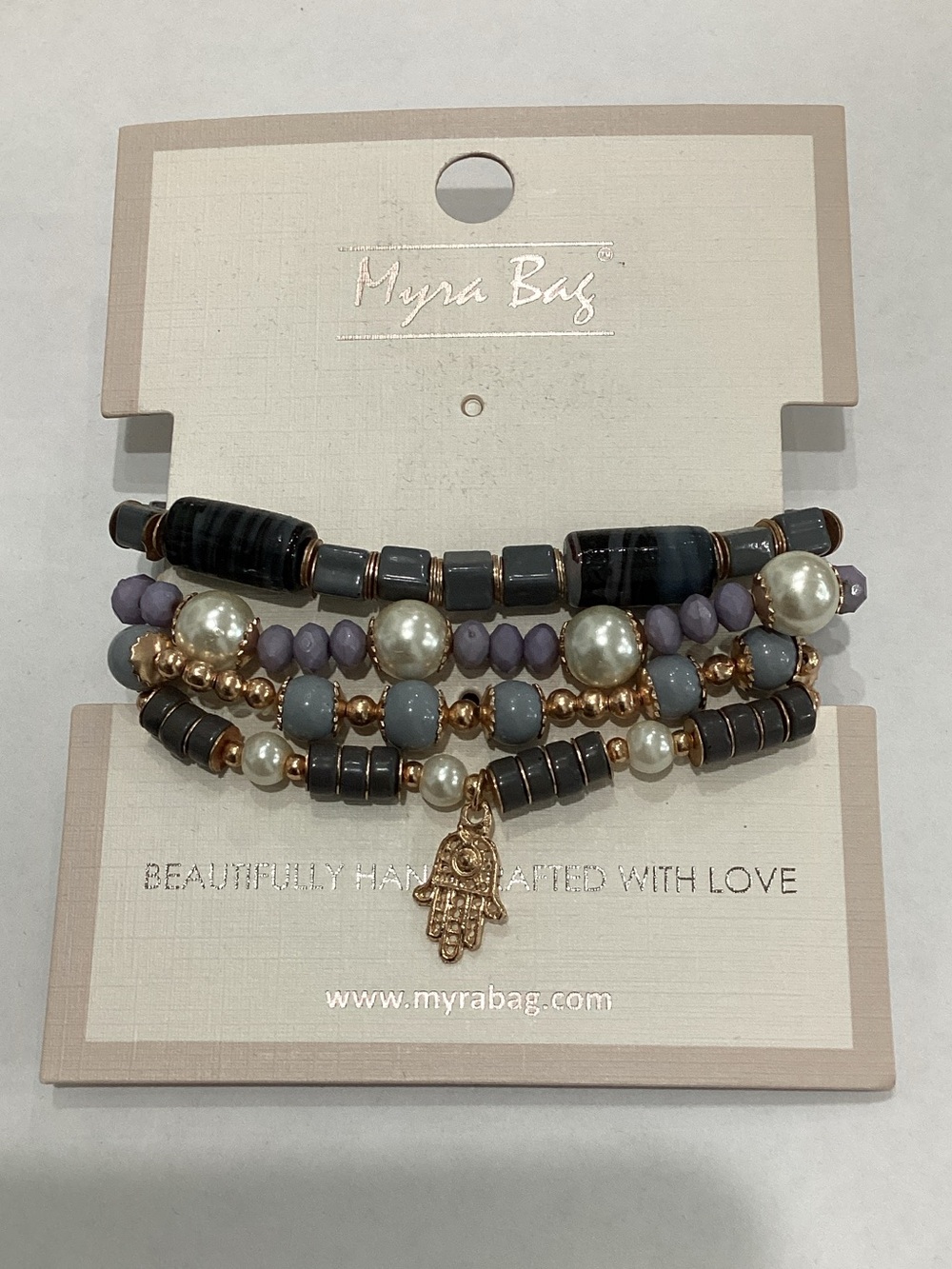 Myra Bag Gray, Lavender & Pearl Multi-Strand Bracelet with Gold‎ Hamsa Charm